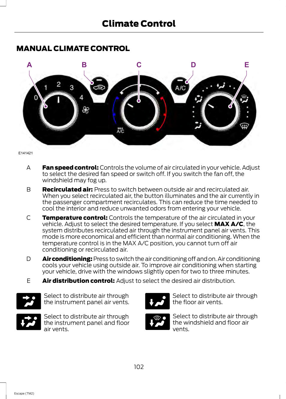 Climate control, Manual climate control, Ae b d c | FORD 2014 Escape v.3 User Manual | Page 105 / 434
