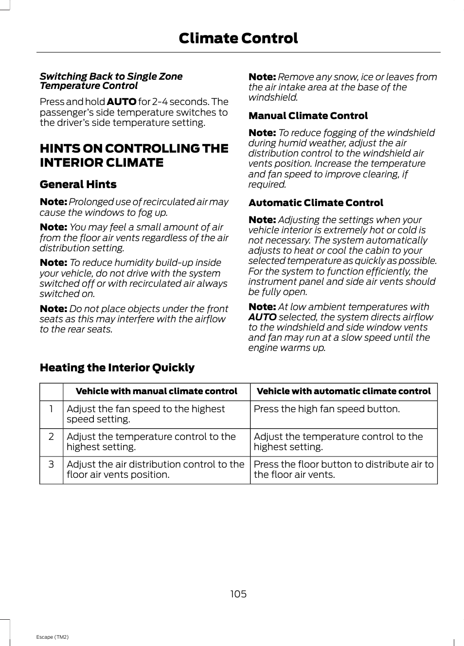 Hints on controlling the interior climate, Hints on controlling the interior, Climate | Climate control | FORD 2014 Escape v.3 User Manual | Page 108 / 434