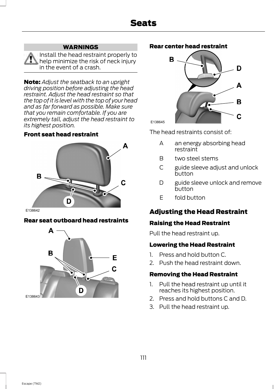 Seats | FORD 2014 Escape v.3 User Manual | Page 114 / 434