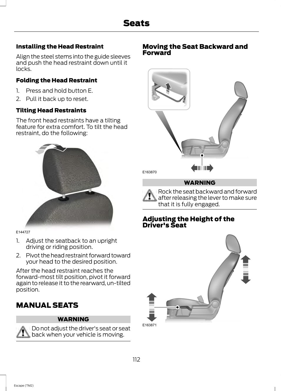 Manual seats, Seats | FORD 2014 Escape v.3 User Manual | Page 115 / 434