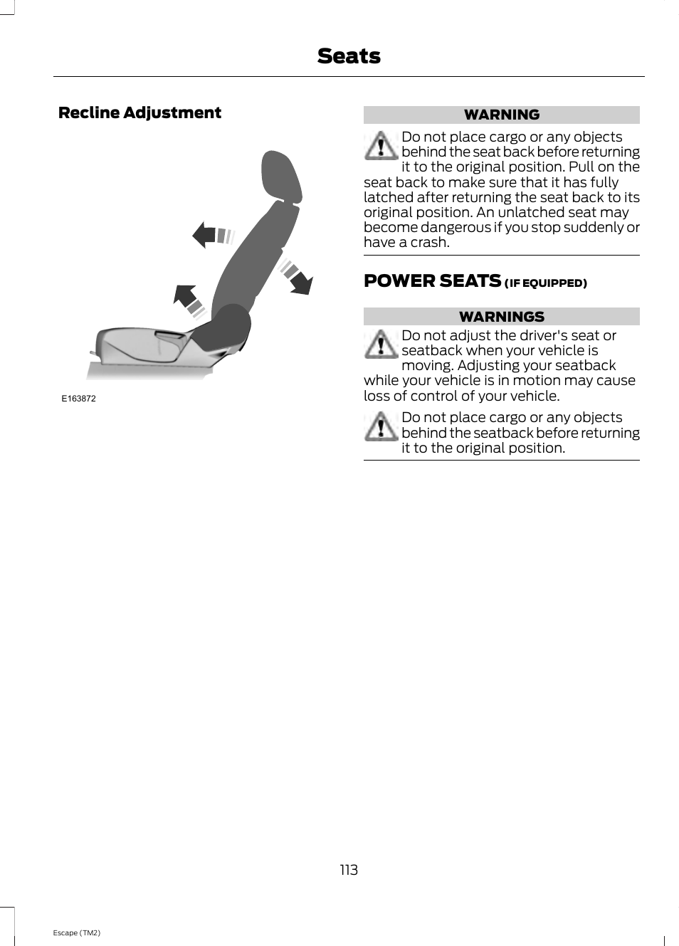 Power seats, Seats | FORD 2014 Escape v.3 User Manual | Page 116 / 434