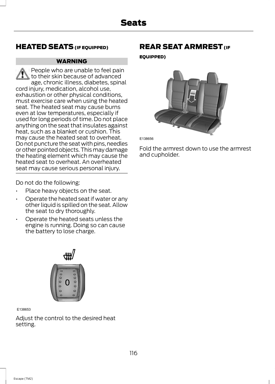 Heated seats, Rear seat armrest, Heated seats rear seat armrest | Seats | FORD 2014 Escape v.3 User Manual | Page 119 / 434