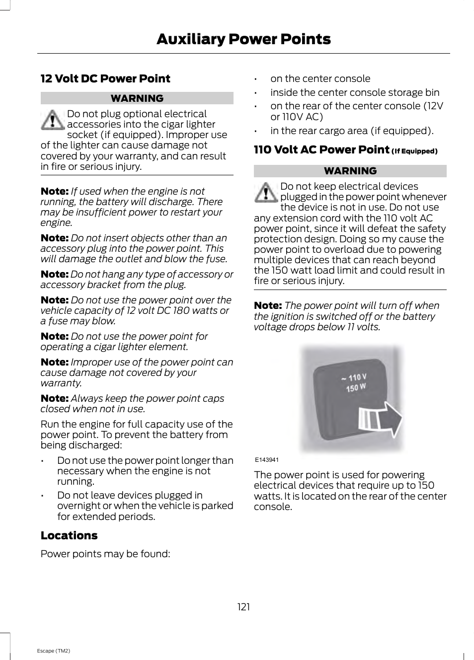 Auxiliary power points | FORD 2014 Escape v.3 User Manual | Page 124 / 434
