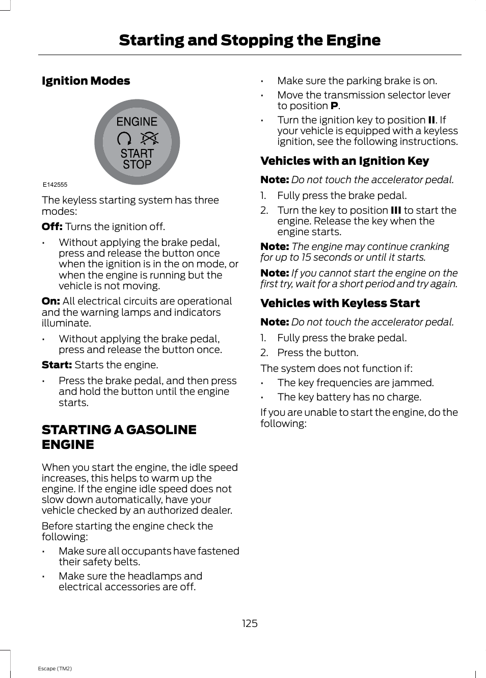 Starting a gasoline engine, Starting and stopping the engine | FORD 2014 Escape v.3 User Manual | Page 128 / 434