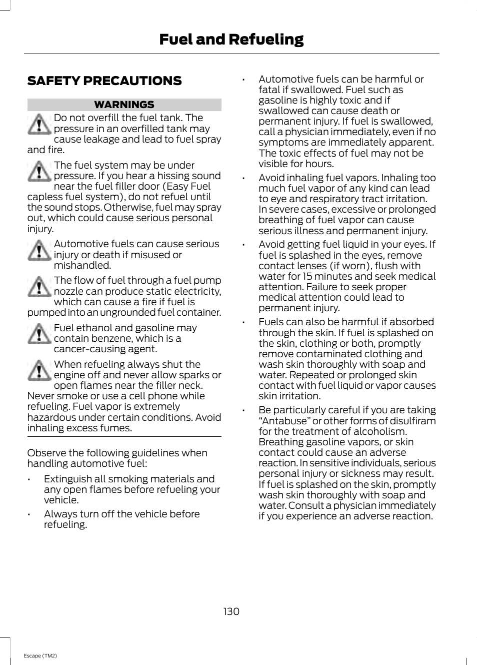 Fuel and refueling, Safety precautions | FORD 2014 Escape v.3 User Manual | Page 133 / 434