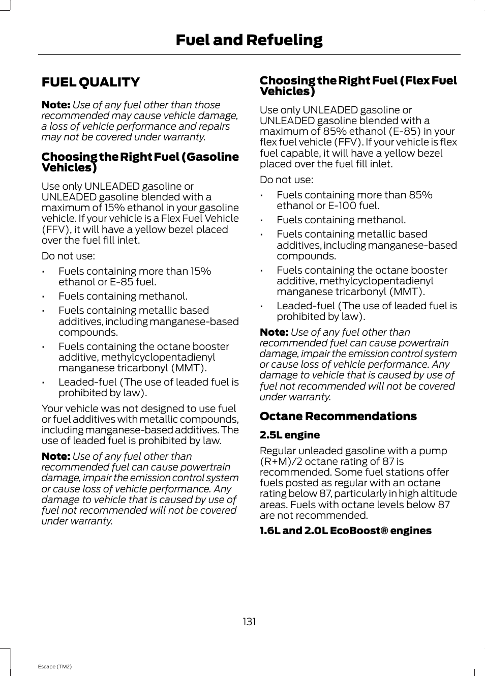 Fuel quality, Fuel and refueling | FORD 2014 Escape v.3 User Manual | Page 134 / 434