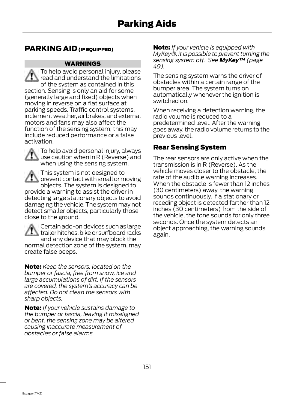 Parking aids, Parking aid | FORD 2014 Escape v.3 User Manual | Page 154 / 434