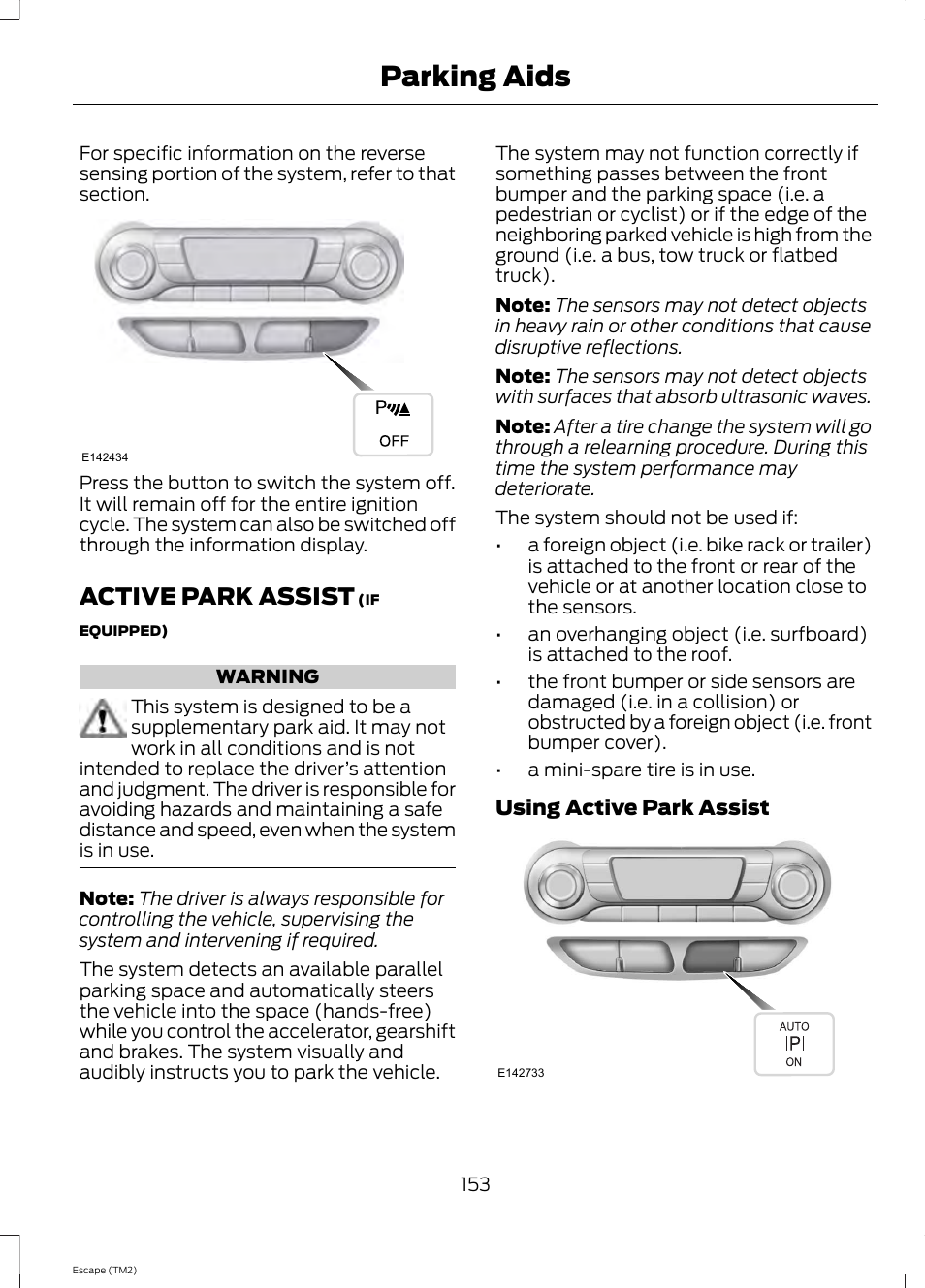 Active park assist, Parking aids | FORD 2014 Escape v.3 User Manual | Page 156 / 434