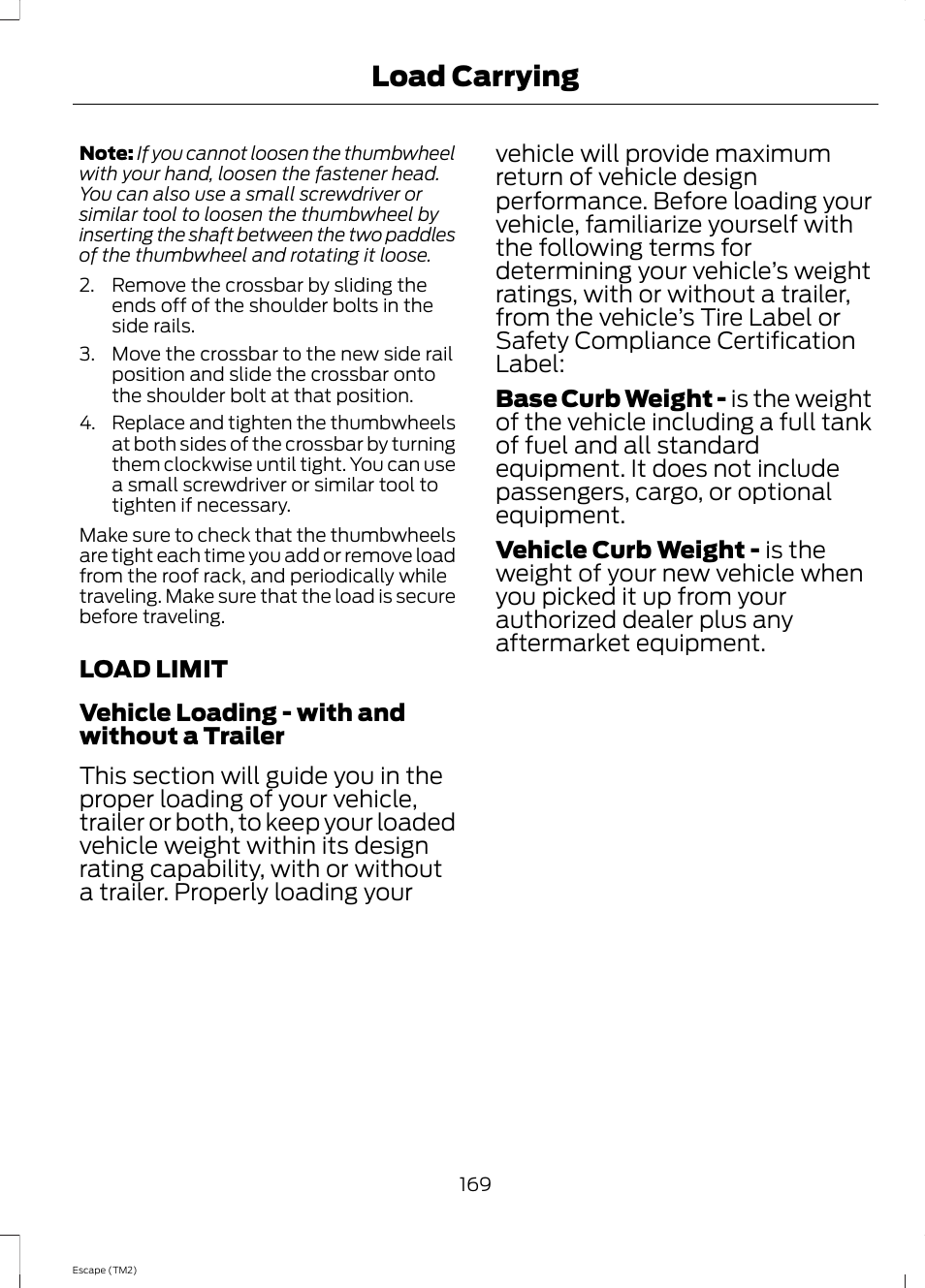 Load limit, Load carrying | FORD 2014 Escape v.3 User Manual | Page 172 / 434