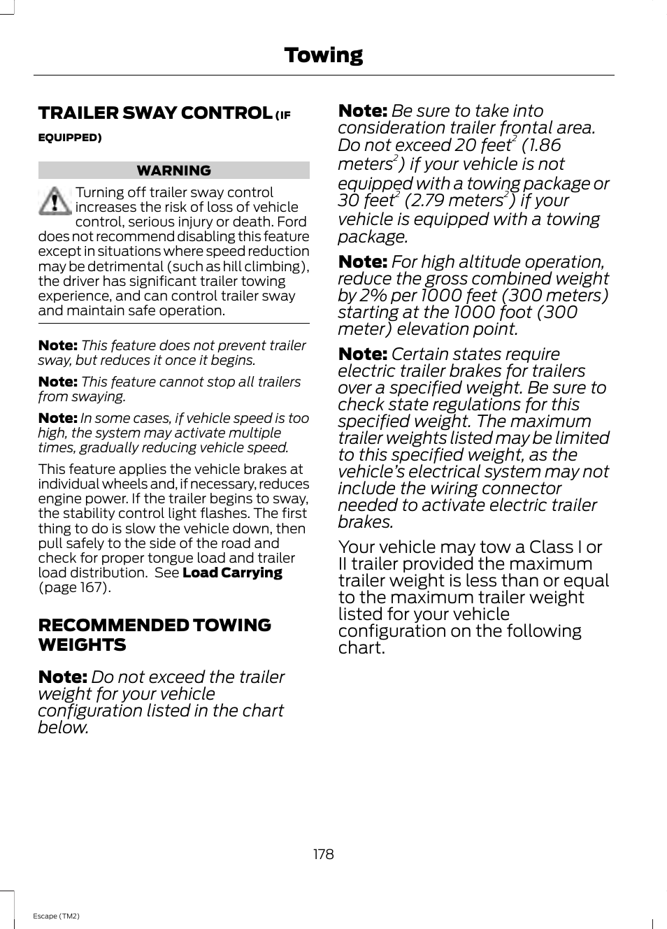 Trailer sway control, Recommended towing weights, Trailer sway control recommended towing weights | Towing | FORD 2014 Escape v.3 User Manual | Page 181 / 434