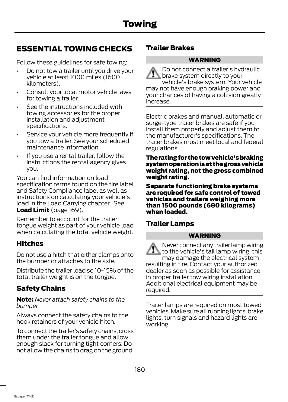 Essential towing checks, Towing | FORD 2014 Escape v.3 User Manual | Page 183 / 434