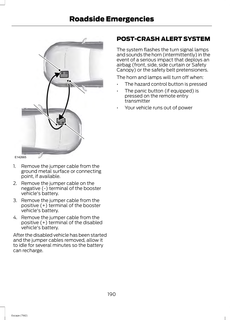 Post-crash alert system, Roadside emergencies | FORD 2014 Escape v.3 User Manual | Page 193 / 434