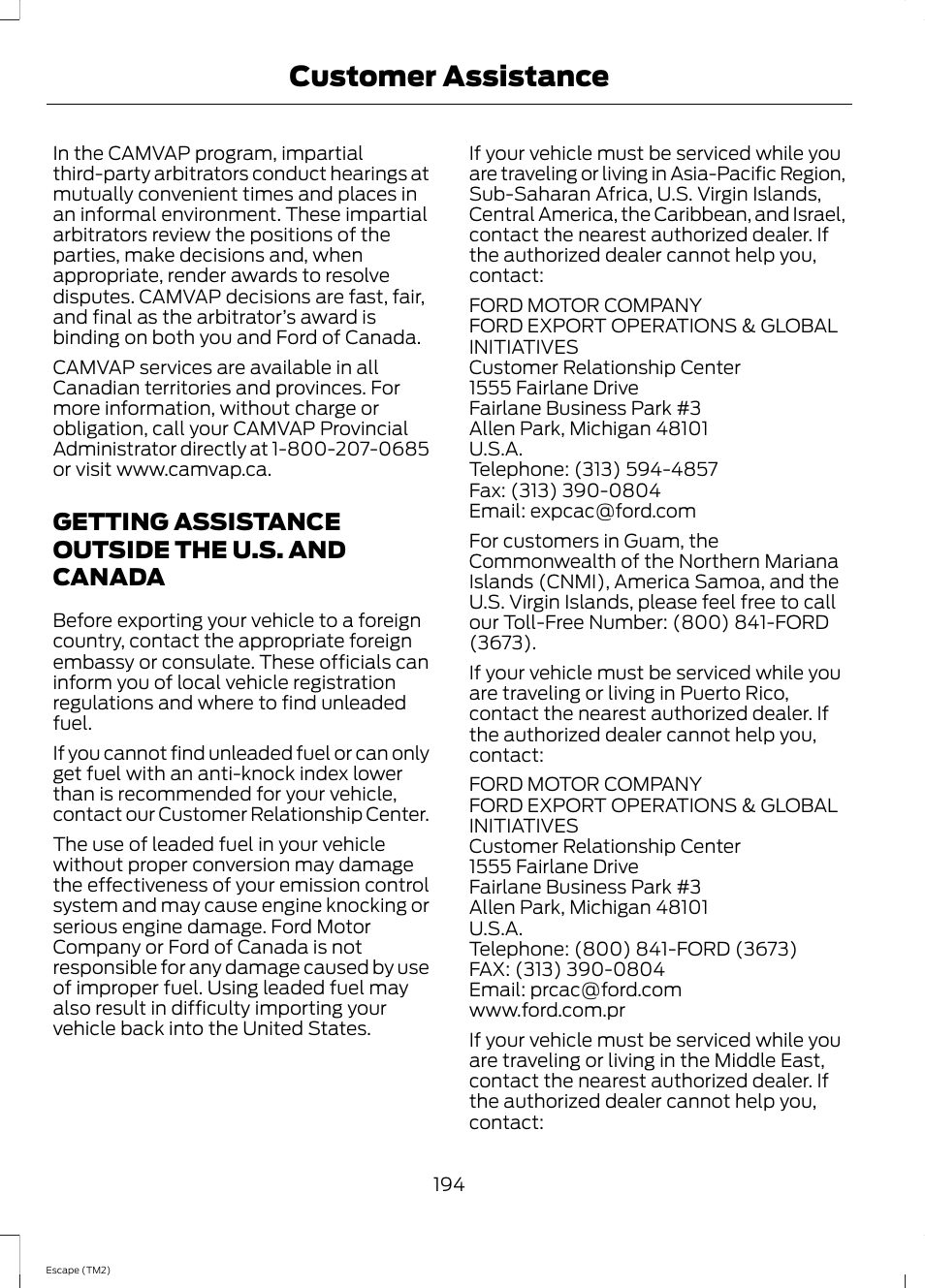 Getting assistance outside the u.s. and canada, Getting assistance outside the u.s. and, Canada | Customer assistance | FORD 2014 Escape v.3 User Manual | Page 197 / 434