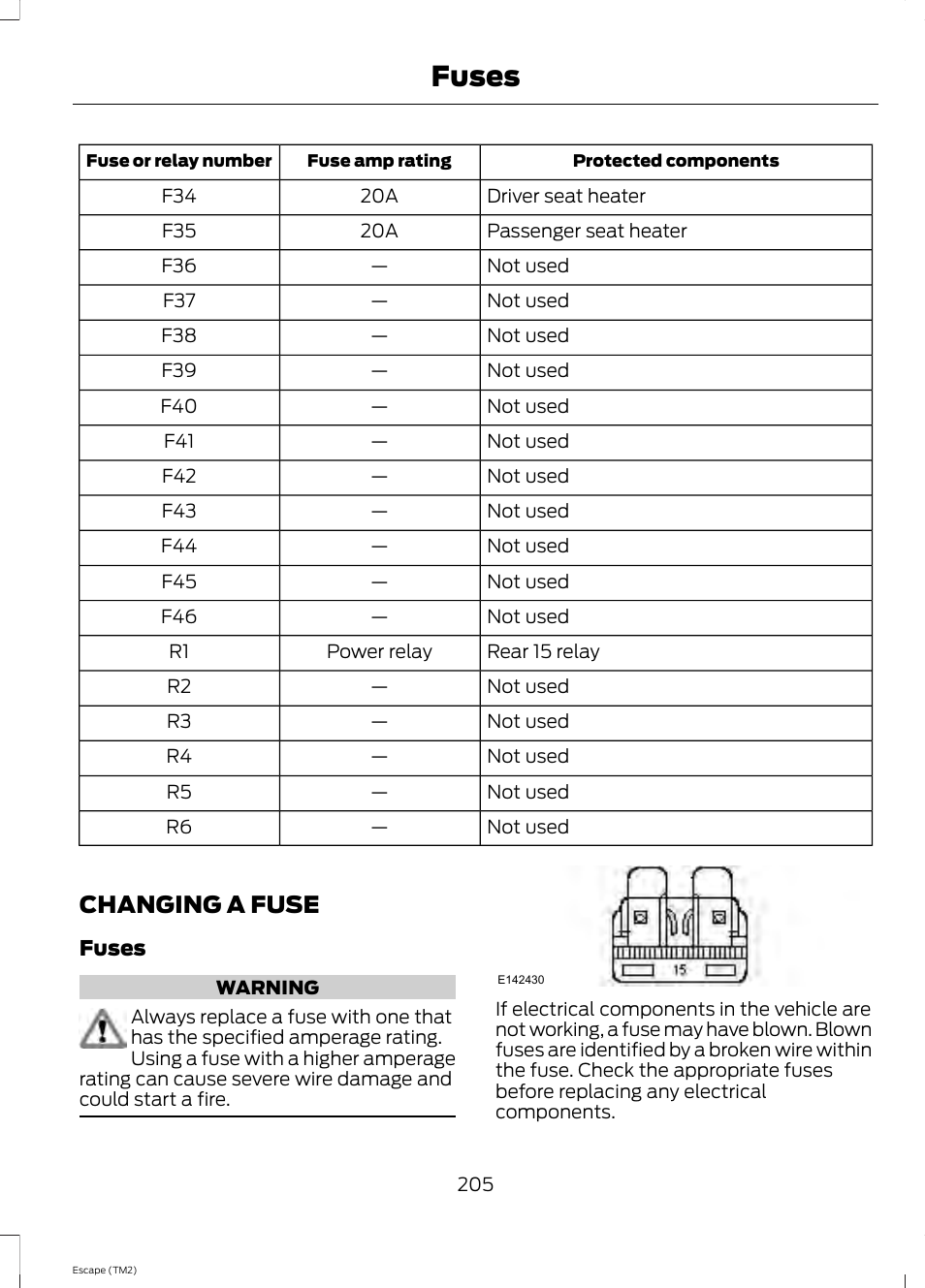 Changing a fuse, Fuses | FORD 2014 Escape v.3 User Manual | Page 208 / 434