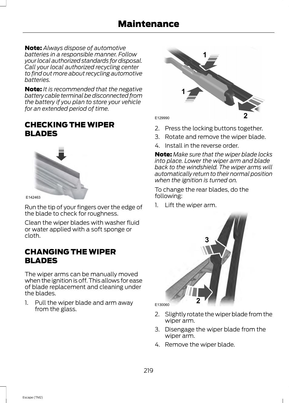 Checking the wiper blades, Changing the wiper blades, Maintenance | FORD 2014 Escape v.3 User Manual | Page 222 / 434
