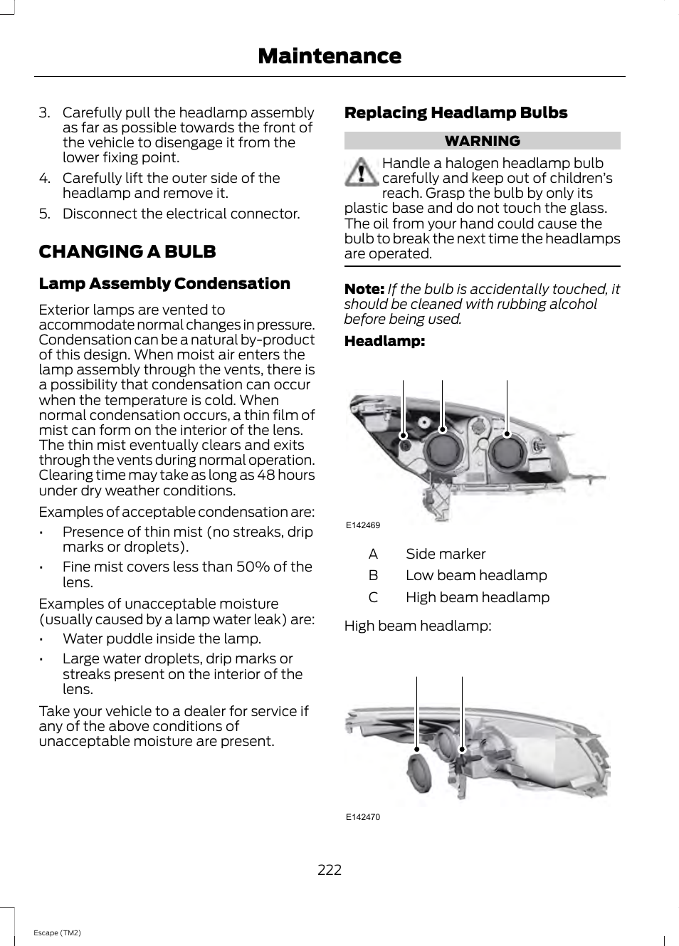 Changing a bulb, Maintenance, Ab c | FORD 2014 Escape v.3 User Manual | Page 225 / 434