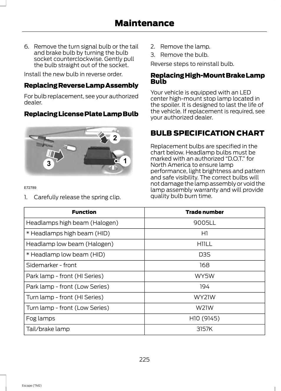 Bulb specification chart, Maintenance | FORD 2014 Escape v.3 User Manual | Page 228 / 434