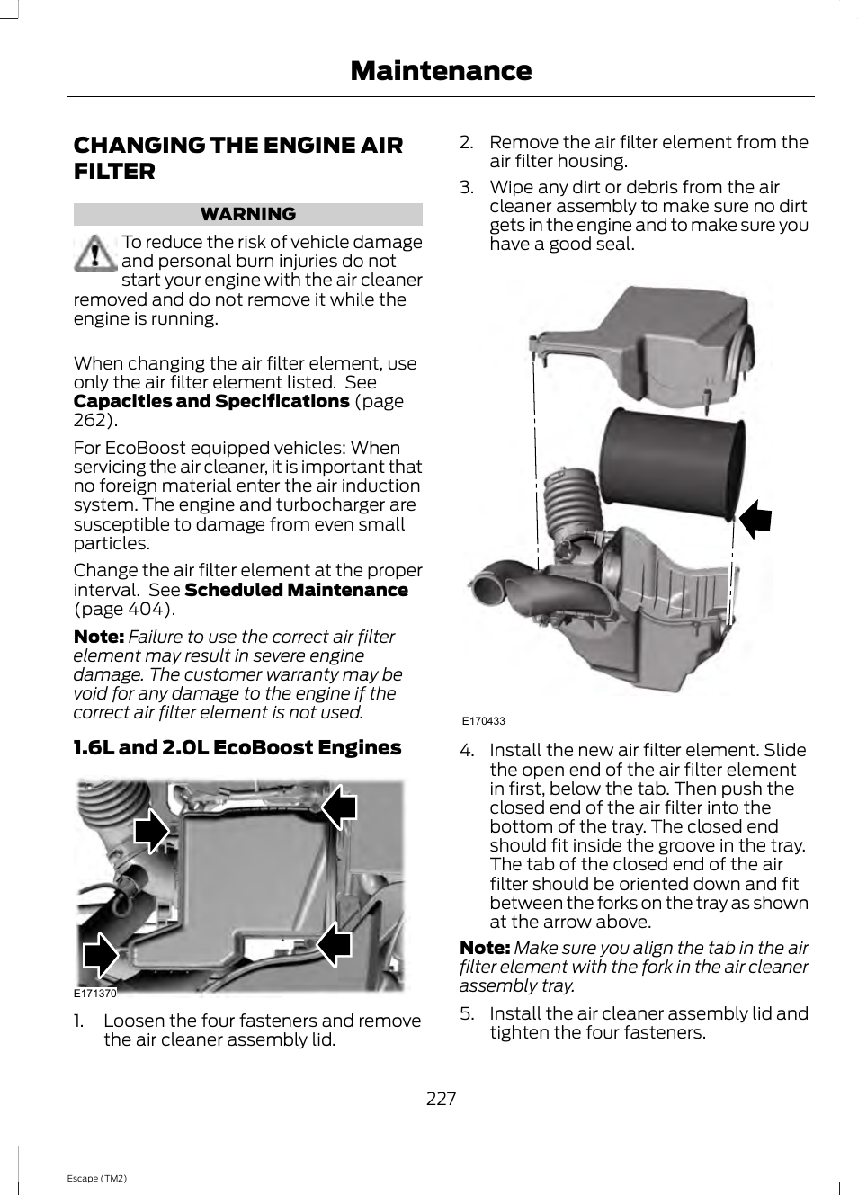 Changing the engine air filter, Maintenance | FORD 2014 Escape v.3 User Manual | Page 230 / 434