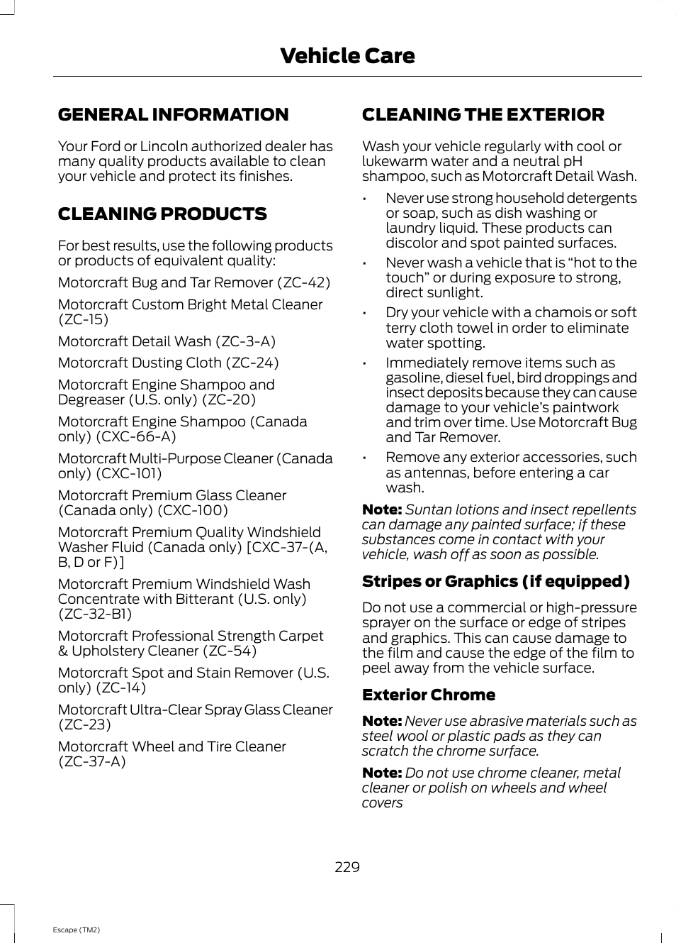 Vehicle care, General information, Cleaning products | Cleaning the exterior | FORD 2014 Escape v.3 User Manual | Page 232 / 434