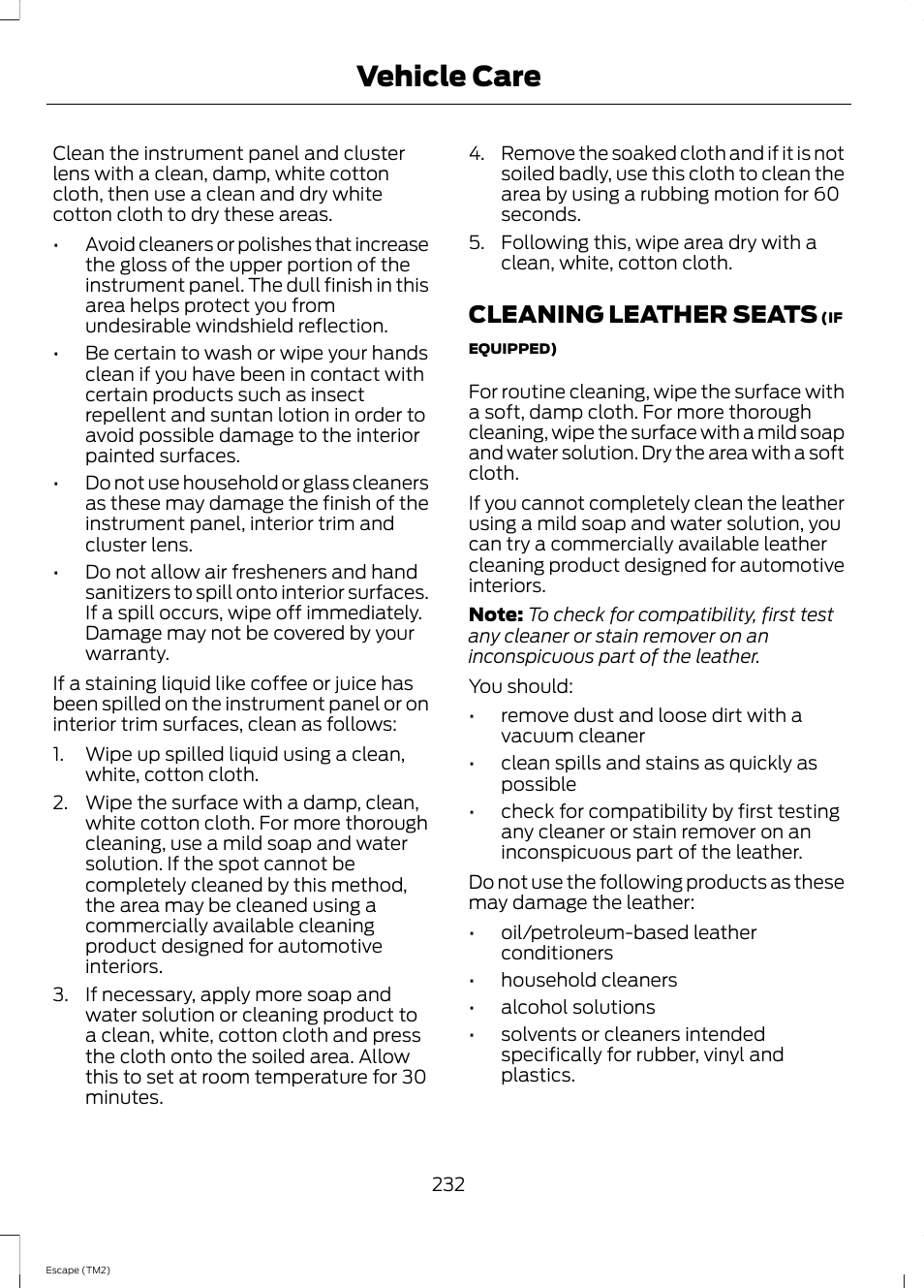 Cleaning leather seats, Vehicle care | FORD 2014 Escape v.3 User Manual | Page 235 / 434