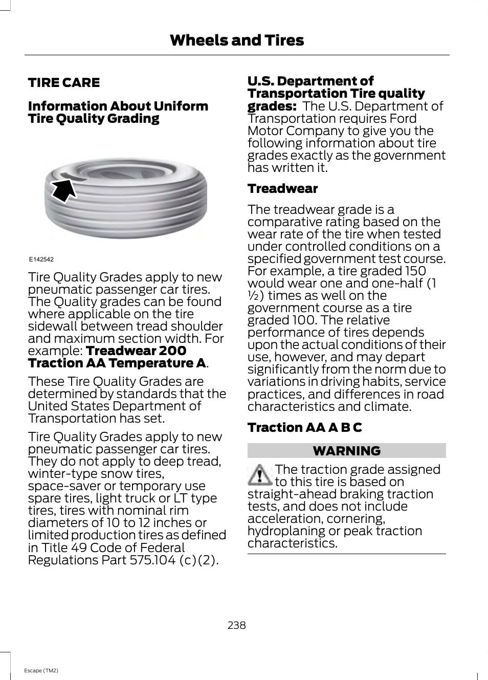 Tire care, Wheels and tires | FORD 2014 Escape v.3 User Manual | Page 241 / 434