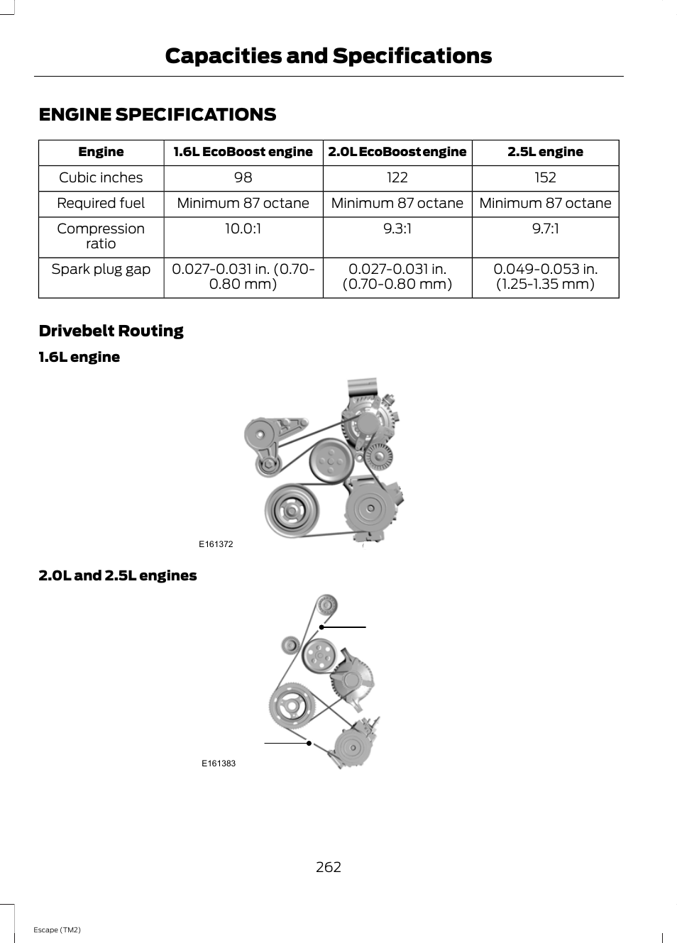 Capacities and specifications, Engine specifications, Capacities and specific | Ations | FORD 2014 Escape v.3 User Manual | Page 265 / 434