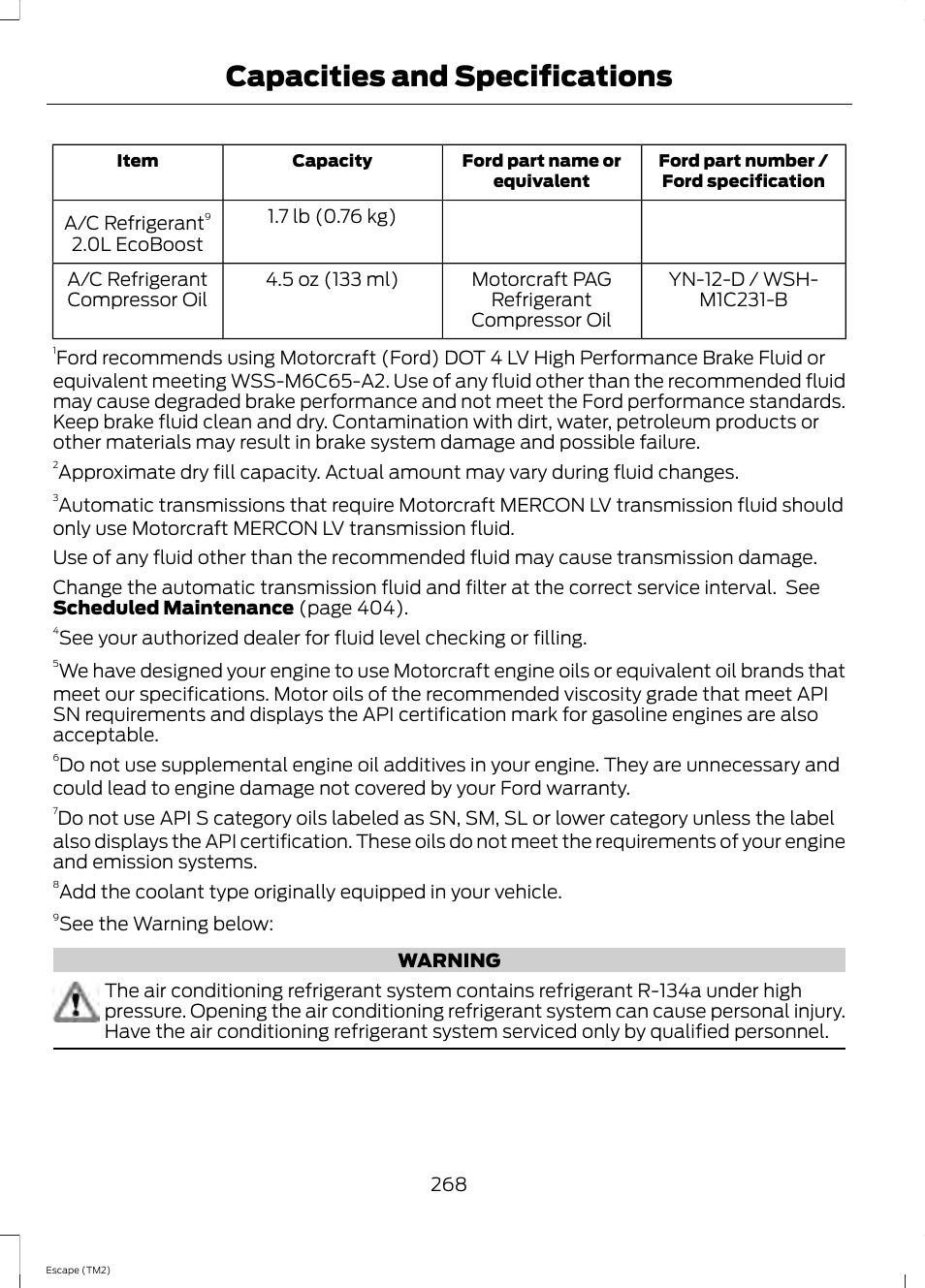 Capacities and specifications | FORD 2014 Escape v.3 User Manual | Page 271 / 434