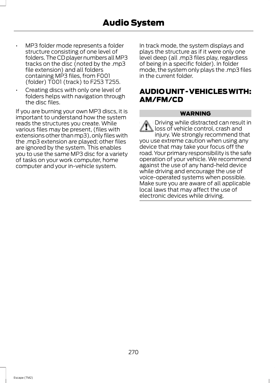 Audio unit, Audio unit - vehicles with: am/fm, Audio system | Audio unit - vehicles with: am/fm/cd | FORD 2014 Escape v.3 User Manual | Page 273 / 434
