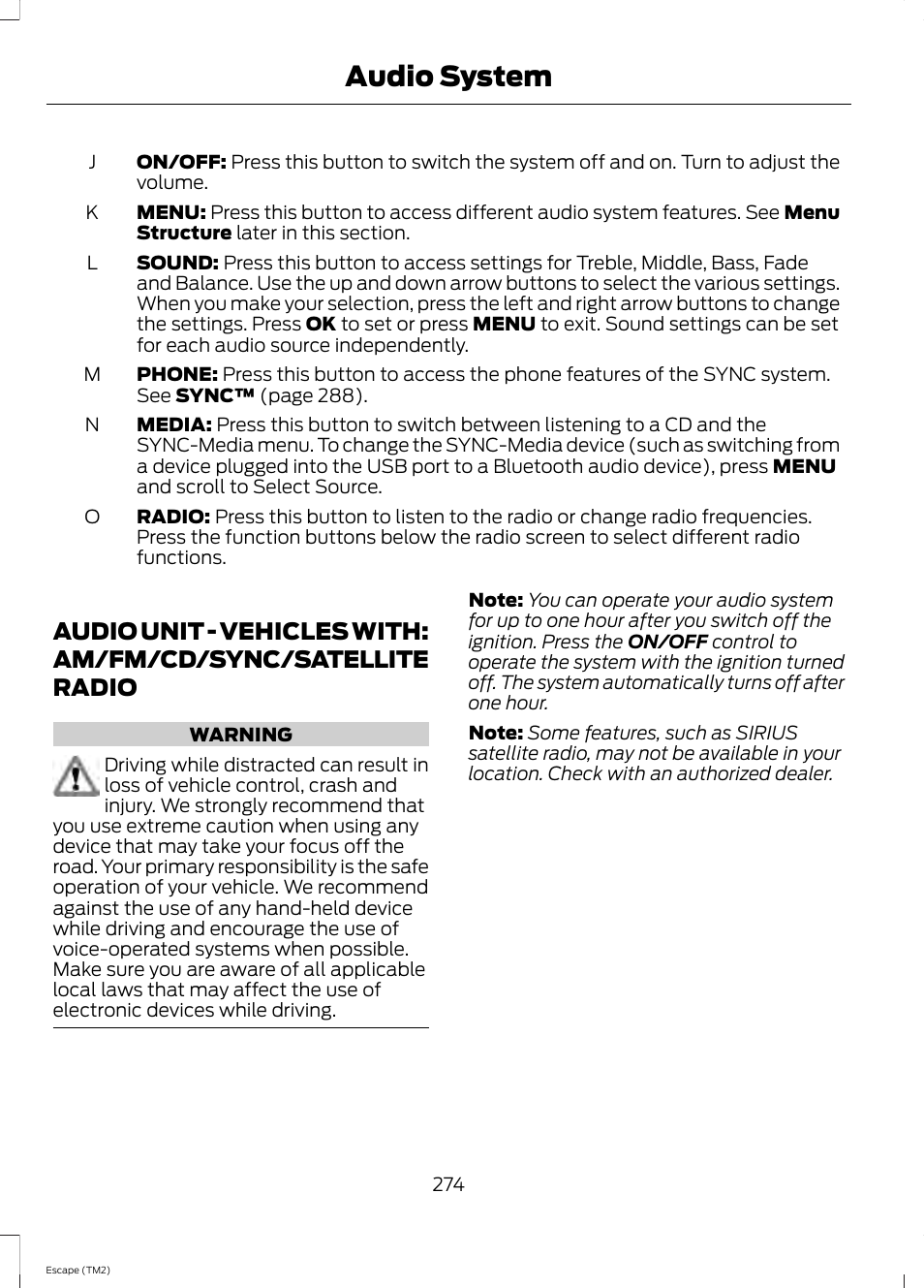 Audio unit, Audio unit - vehicles with: am/fm/cd, Sync/satellite radio | Audio system | FORD 2014 Escape v.3 User Manual | Page 277 / 434
