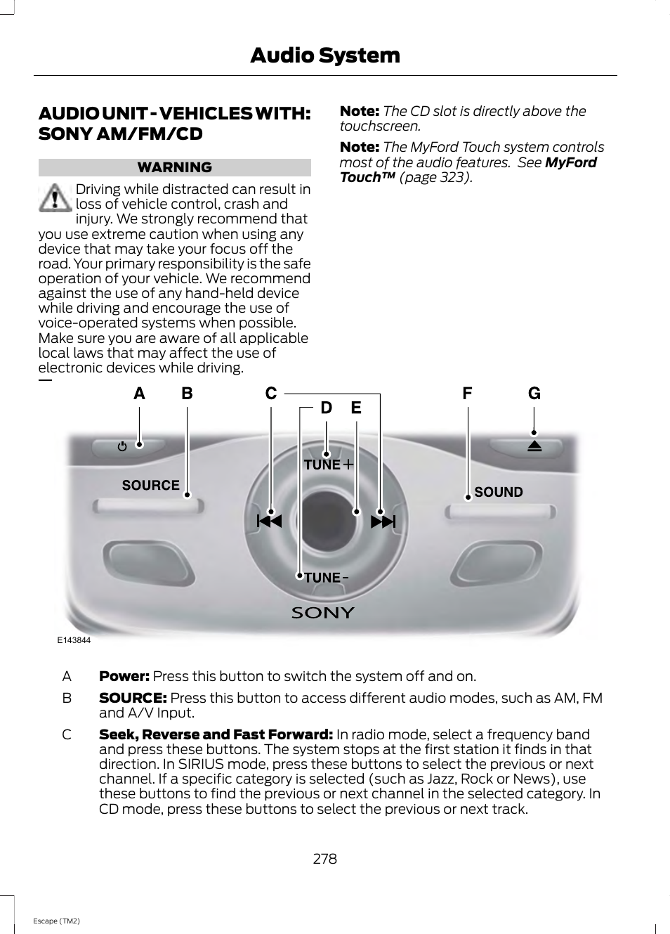 Audio unit, Audio unit - vehicles with: sony am/fm, Audio system | Audio unit - vehicles with: sony am/fm/cd | FORD 2014 Escape v.3 User Manual | Page 281 / 434
