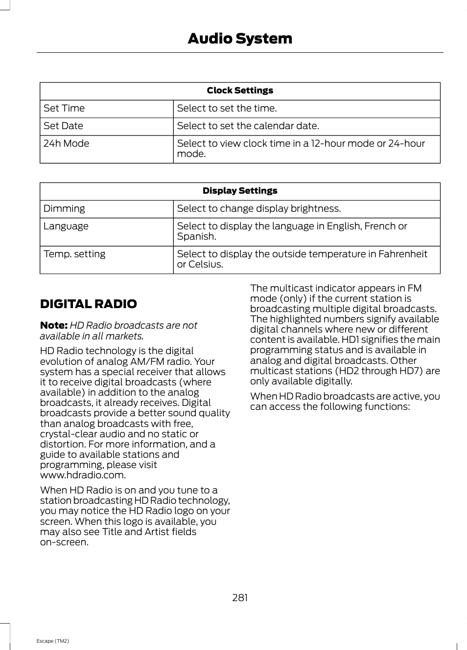 Digital radio, Audio system | FORD 2014 Escape v.3 User Manual | Page 284 / 434