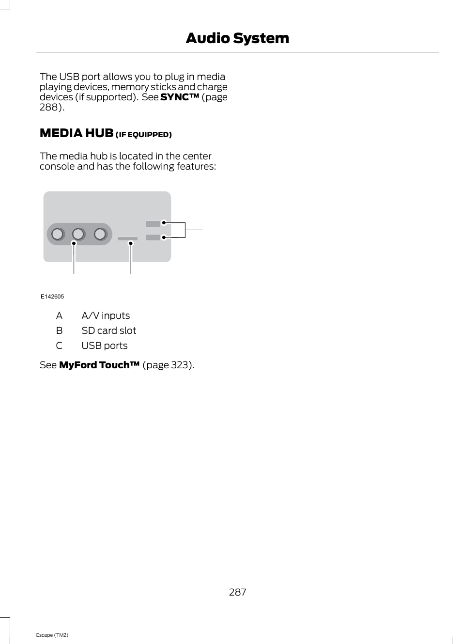 Media hub, Audio system, Cb a | FORD 2014 Escape v.3 User Manual | Page 290 / 434