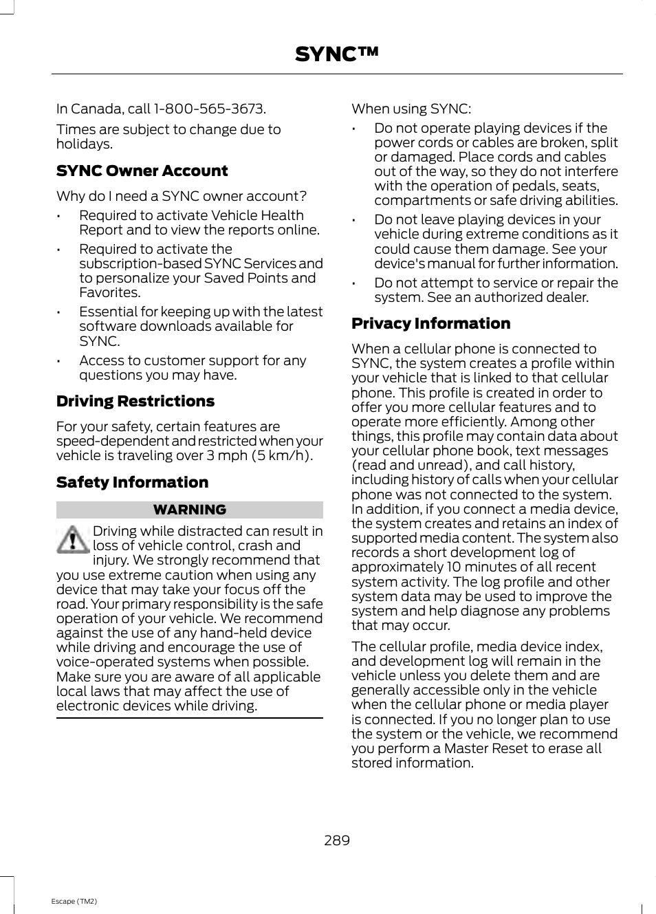 Sync | FORD 2014 Escape v.3 User Manual | Page 292 / 434