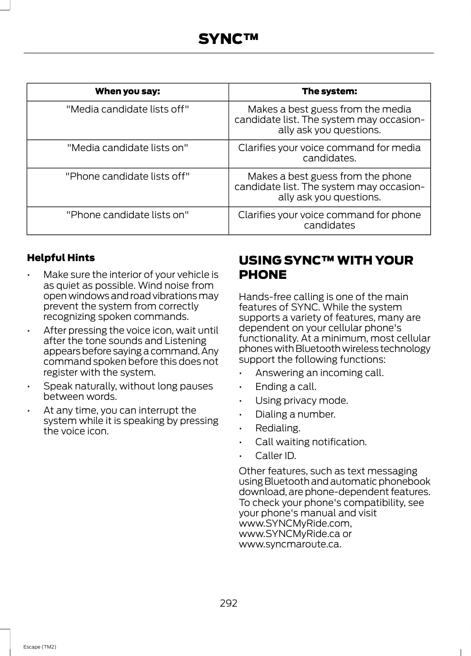 Using sync™ with your phone, Sync | FORD 2014 Escape v.3 User Manual | Page 295 / 434