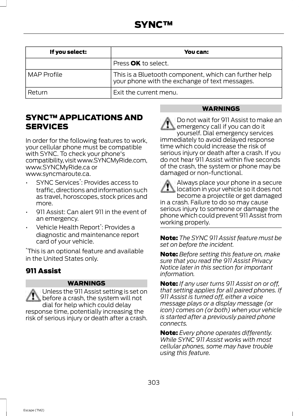Sync™ applications and services, Sync | FORD 2014 Escape v.3 User Manual | Page 306 / 434