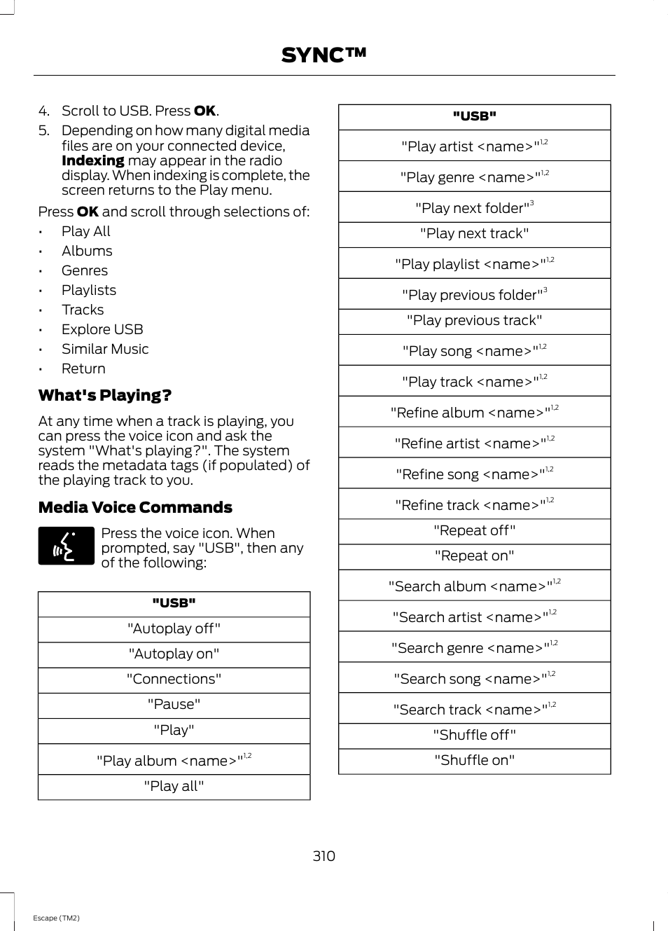 Sync, What's playing, Media voice commands | FORD 2014 Escape v.3 User Manual | Page 313 / 434