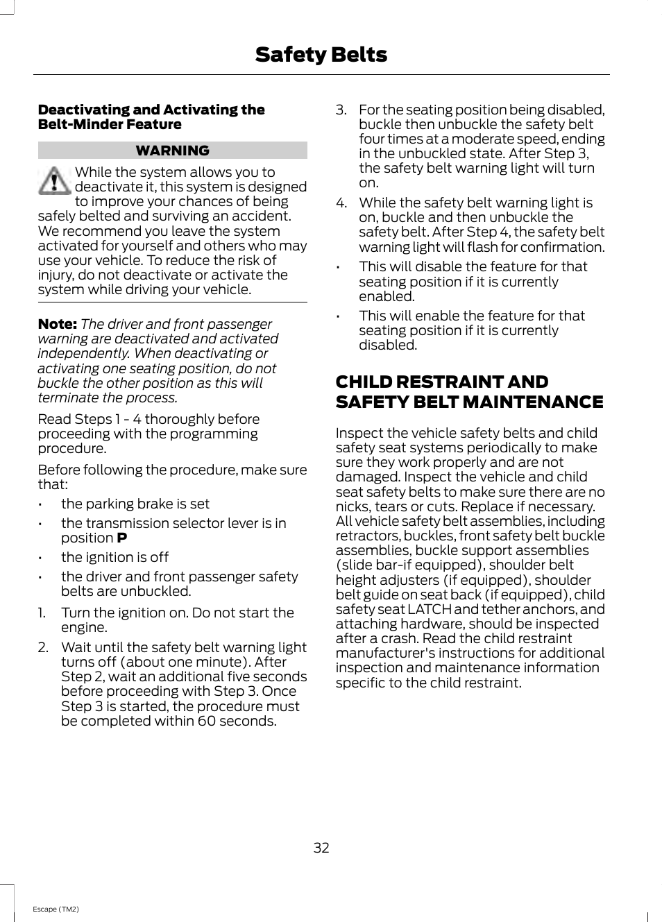 Child restraint and safety belt maintenance, Child restraint and safety belt, Maintenance | Safety belts | FORD 2014 Escape v.3 User Manual | Page 35 / 434