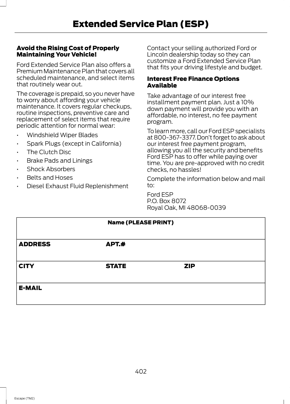 Extended service plan (esp) | FORD 2014 Escape v.3 User Manual | Page 405 / 434