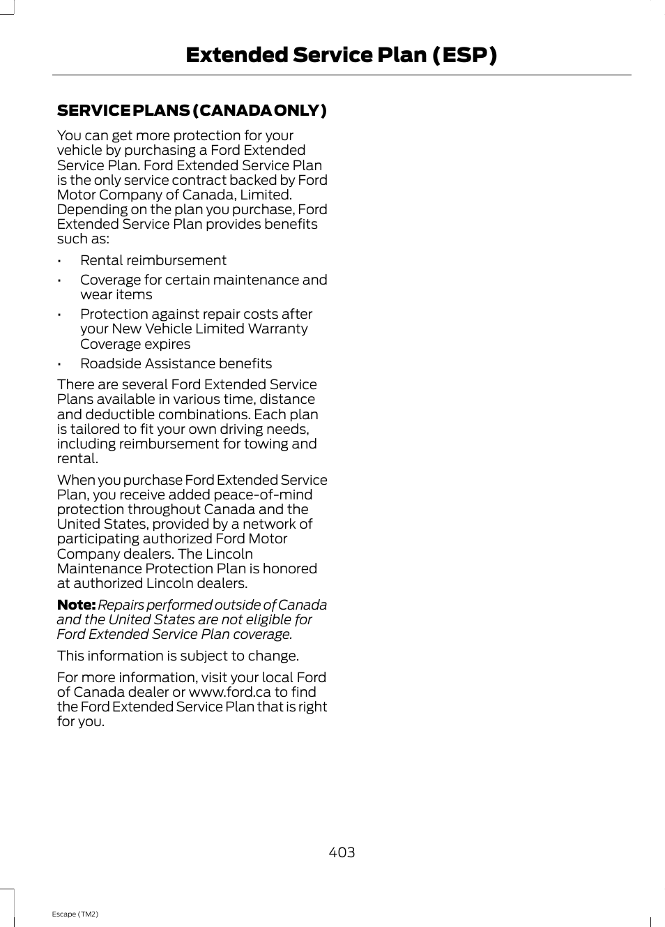 Extended service plan (esp) | FORD 2014 Escape v.3 User Manual | Page 406 / 434