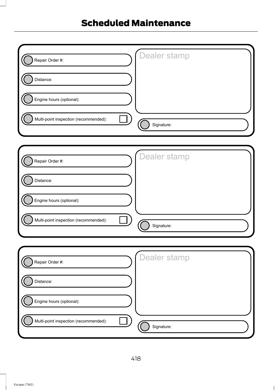 Dealer stamp, Scheduled maintenance | FORD 2014 Escape v.3 User Manual | Page 421 / 434