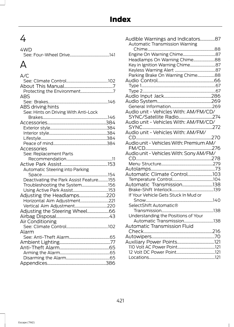 Index | FORD 2014 Escape v.3 User Manual | Page 424 / 434