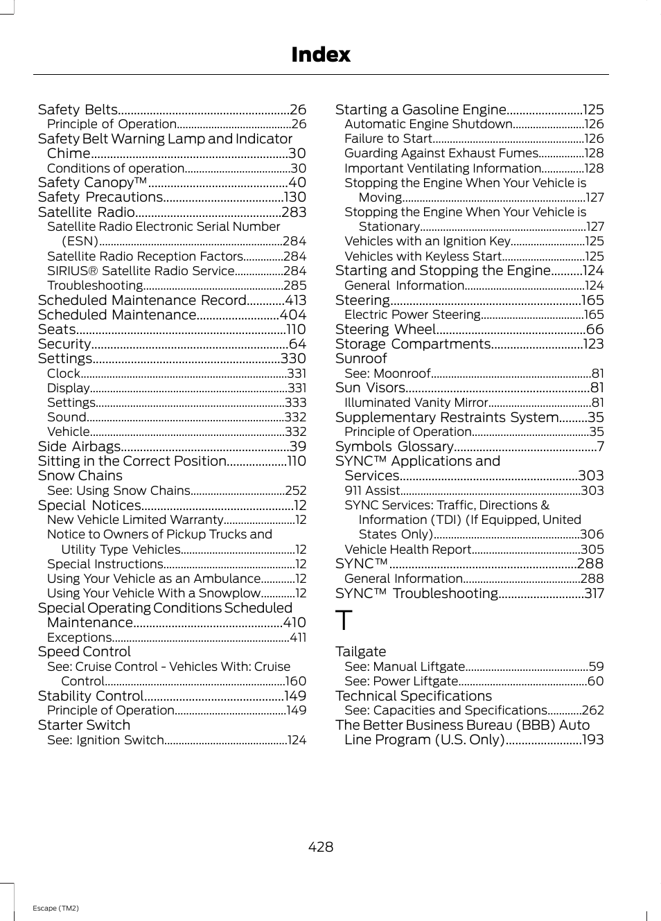 Index | FORD 2014 Escape v.3 User Manual | Page 431 / 434