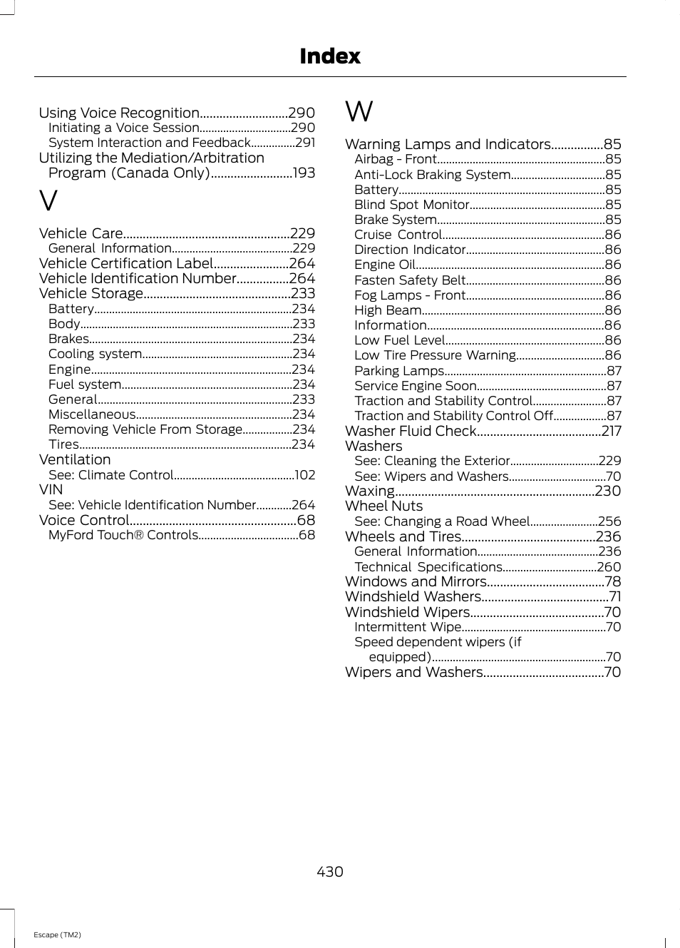 Index | FORD 2014 Escape v.3 User Manual | Page 433 / 434