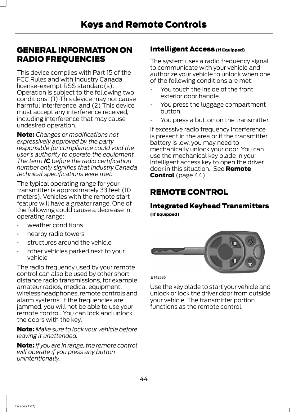 Keys and remote controls, General information on radio frequencies, Remote control | General information on radio, Frequencies | FORD 2014 Escape v.3 User Manual | Page 47 / 434