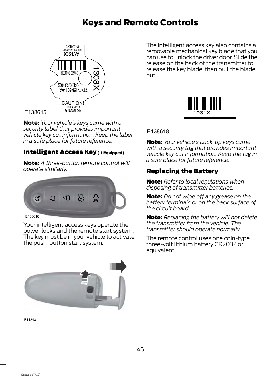 Keys and remote controls | FORD 2014 Escape v.3 User Manual | Page 48 / 434