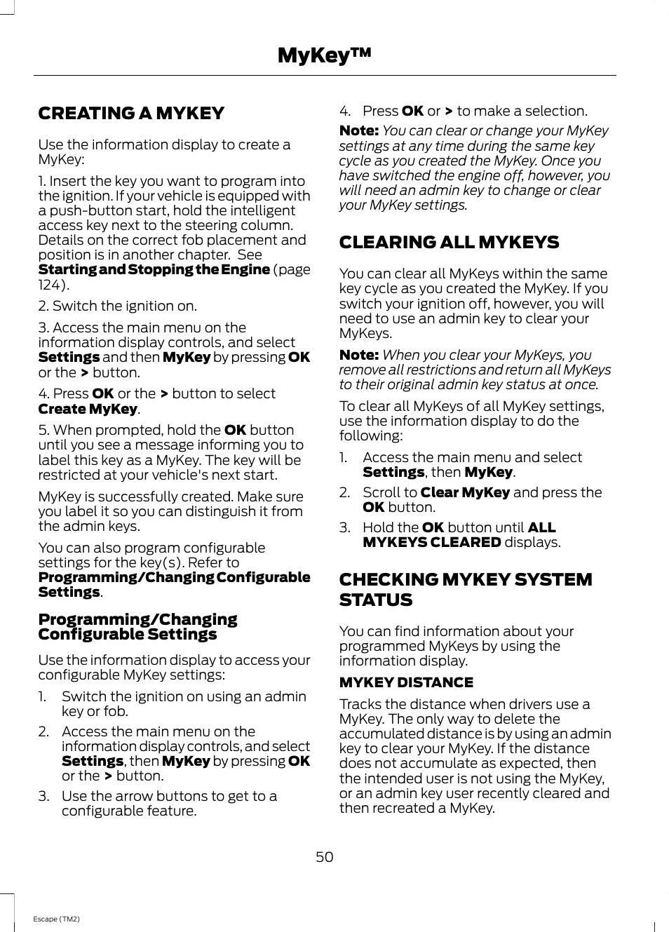 Creating a mykey, Clearing all mykeys, Checking mykey system status | Mykey | FORD 2014 Escape v.3 User Manual | Page 53 / 434