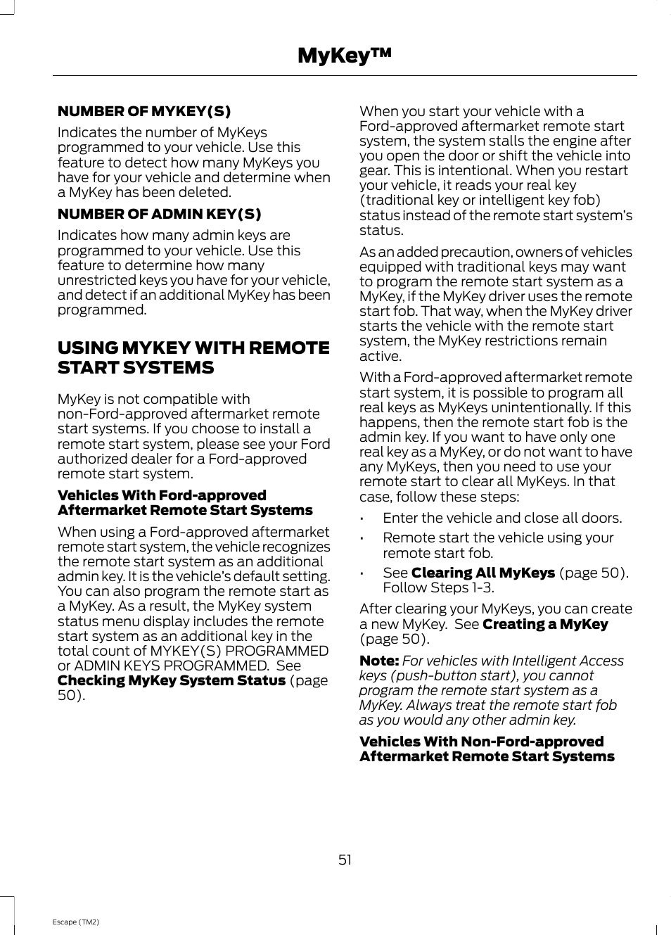 Using mykey with remote start systems, Using mykey with remote start, Systems | Mykey | FORD 2014 Escape v.3 User Manual | Page 54 / 434