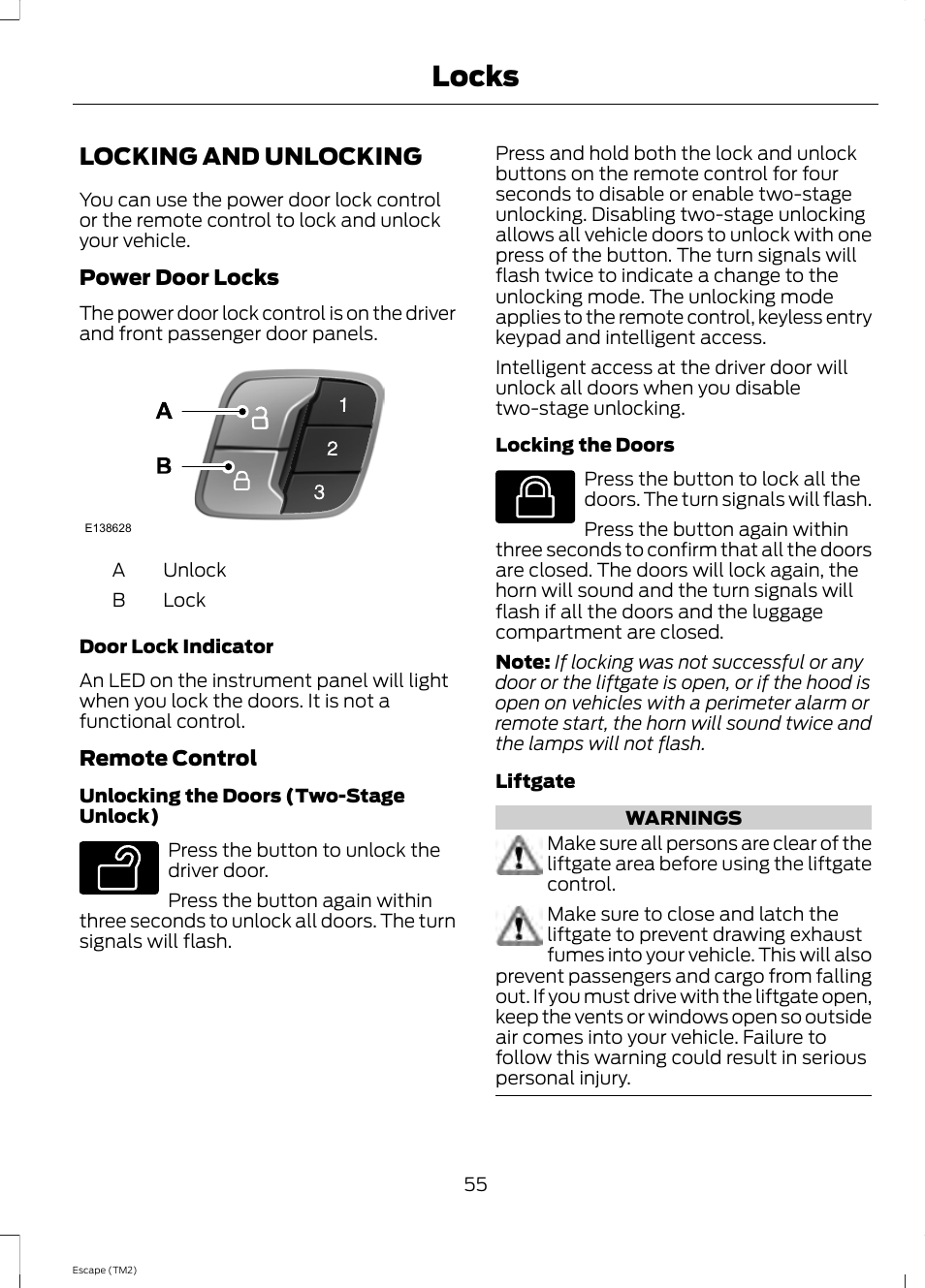 Locks, Locking and unlocking | FORD 2014 Escape v.3 User Manual | Page 58 / 434