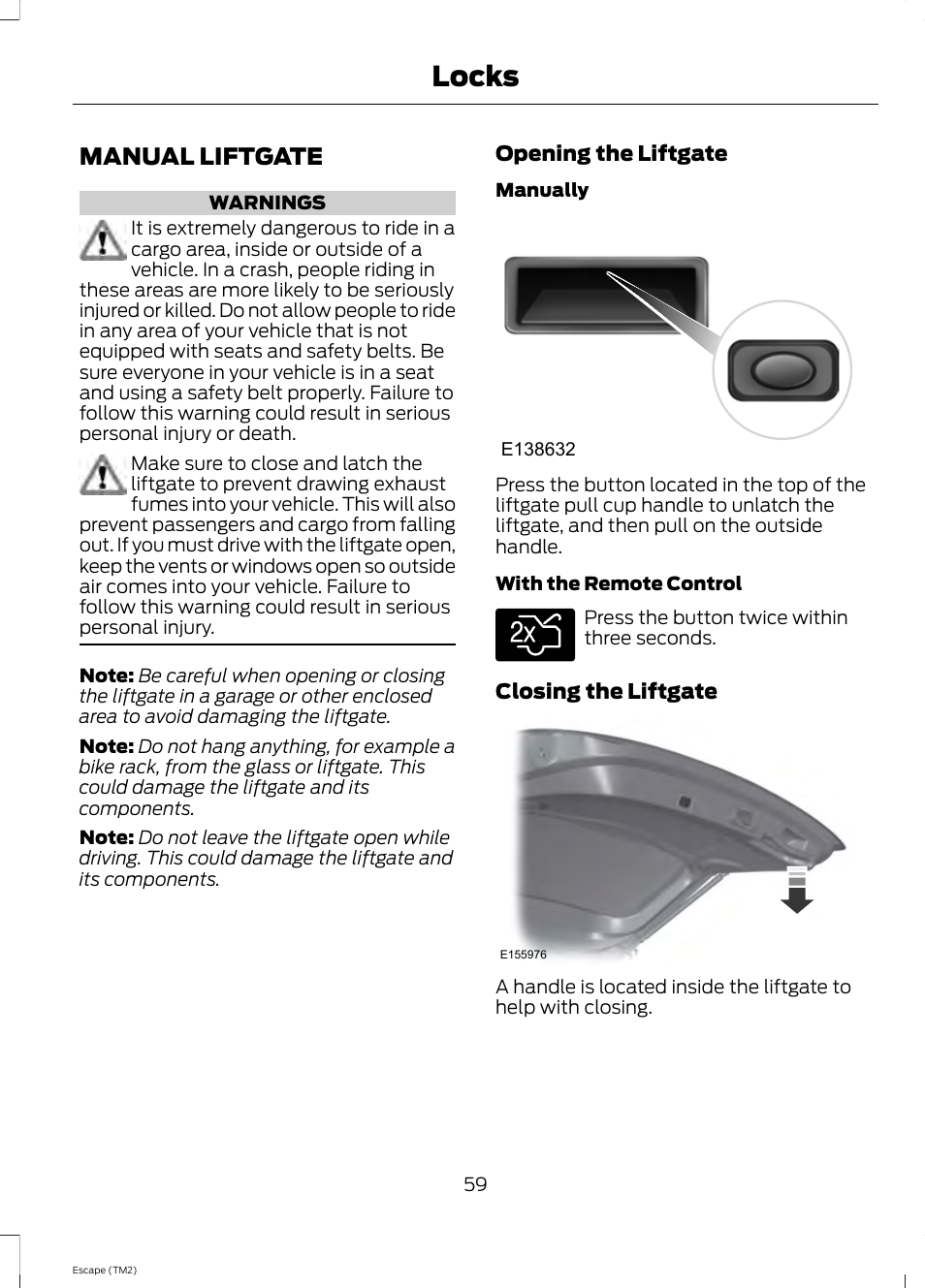 Manual liftgate, Locks | FORD 2014 Escape v.3 User Manual | Page 62 / 434