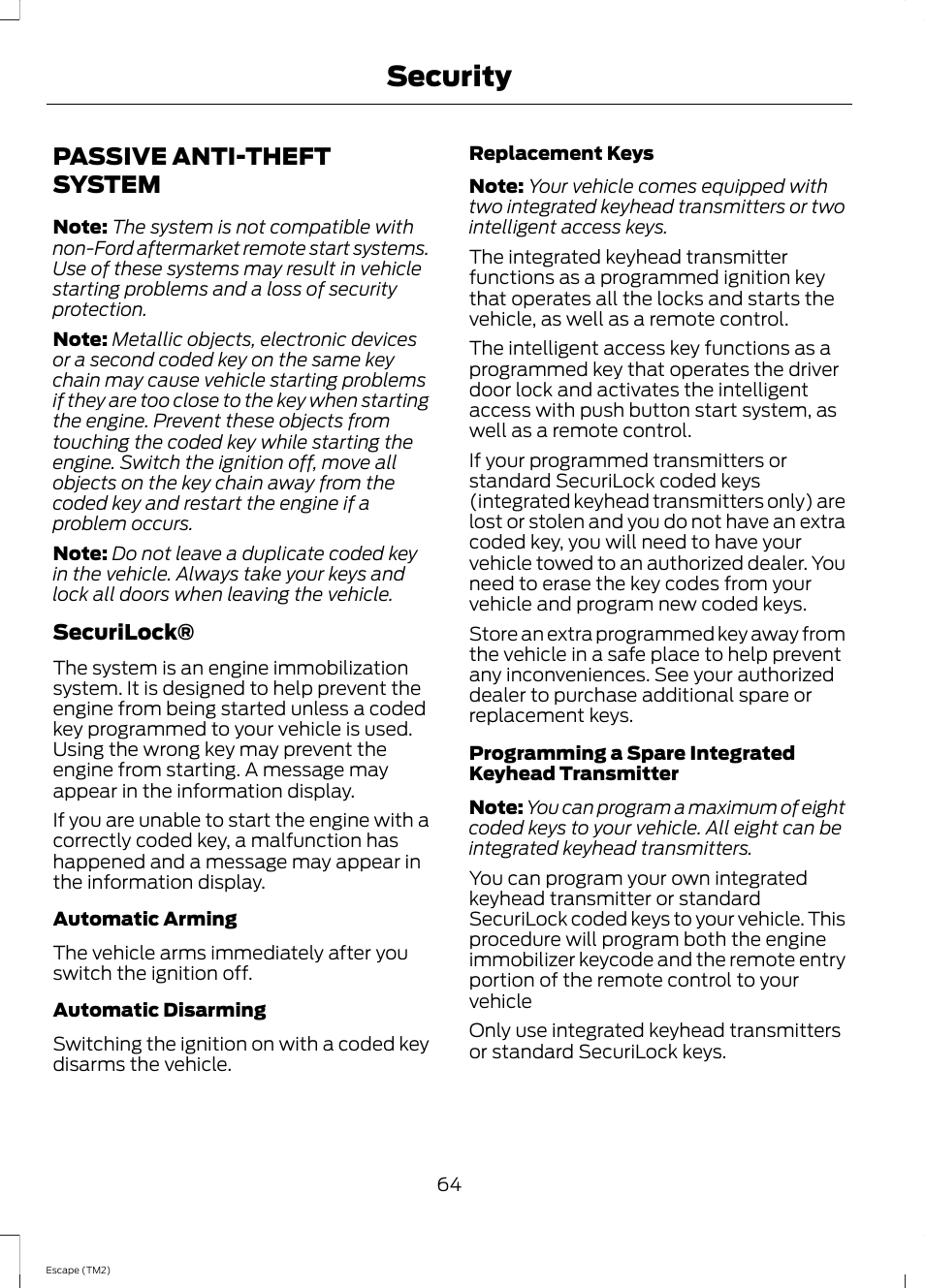 Security, Passive anti-theft system | FORD 2014 Escape v.3 User Manual | Page 67 / 434
